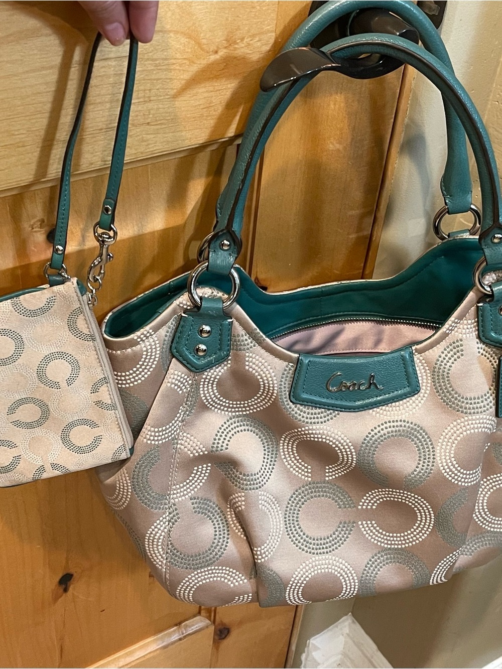 Authentic Coach Teal and Beige Signature Circle Tote Wristlet set, excellent!